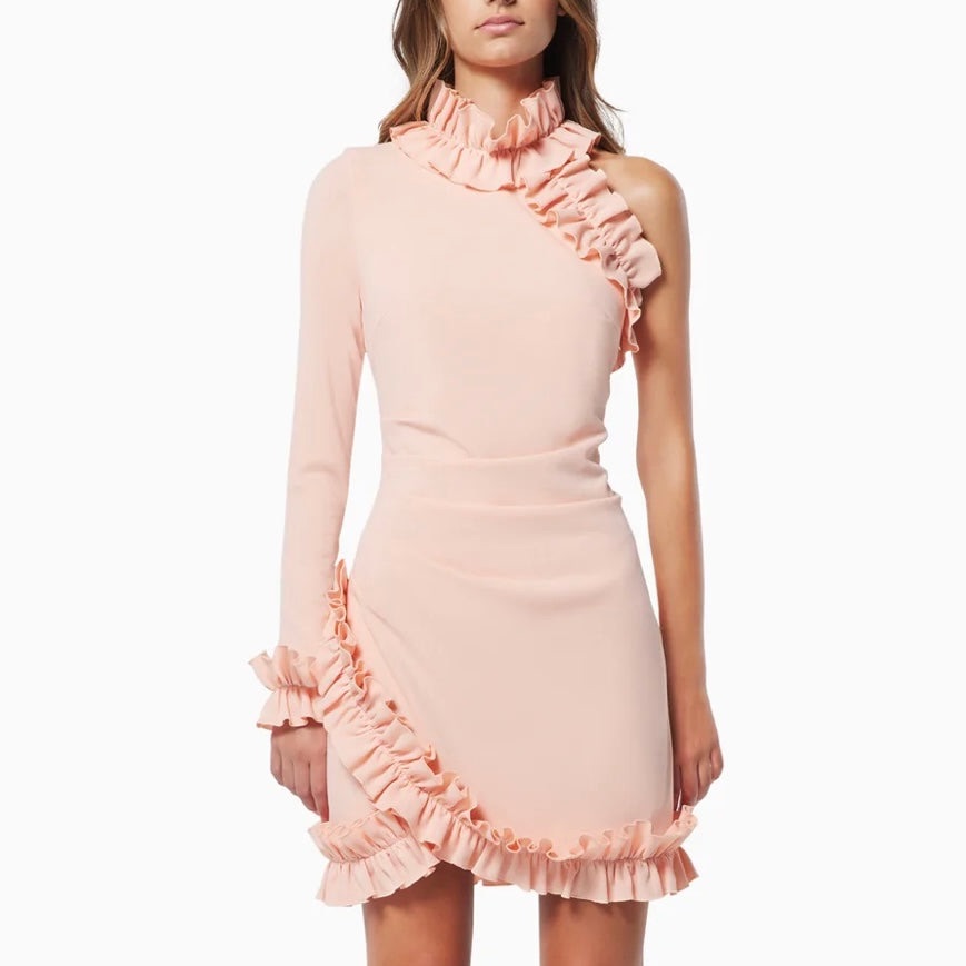 Elliatt Blush Pink One-Shoulder Ruffle Mini Dress